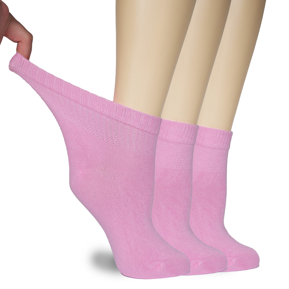 The image displays a woman's foot wearing three pink Women's Diabetic Bamboo Ankle Socks, designed for comfort and health.