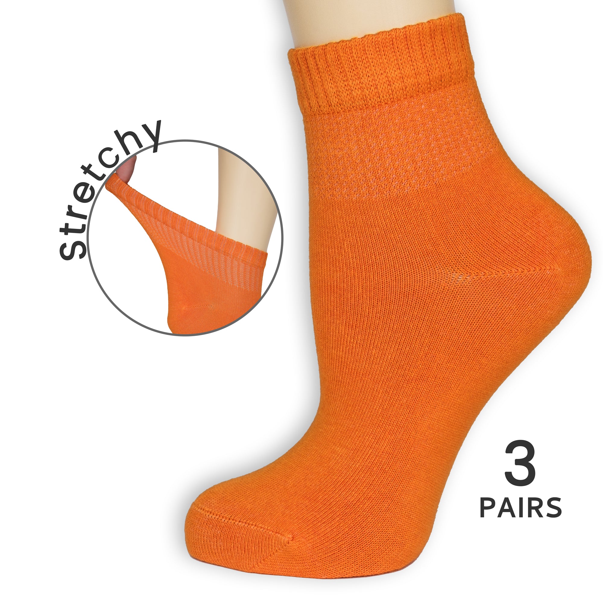 Three pairs of orange Women's Diabetic Bamboo Ankle Socks with the word "stretchy" imprinted on them.