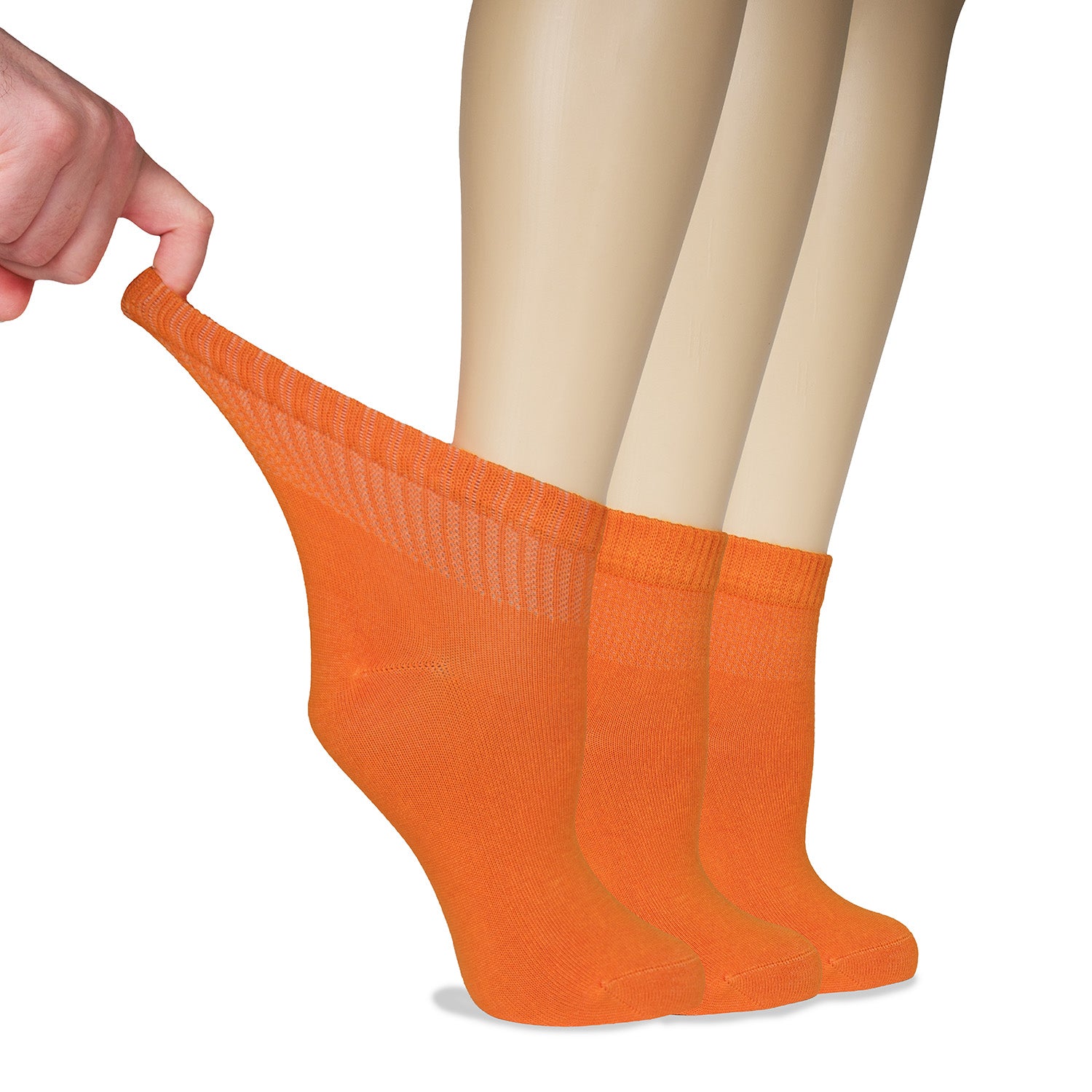 The image depicts a person showcasing Women's Diabetic Bamboo Ankle Socks in orange.