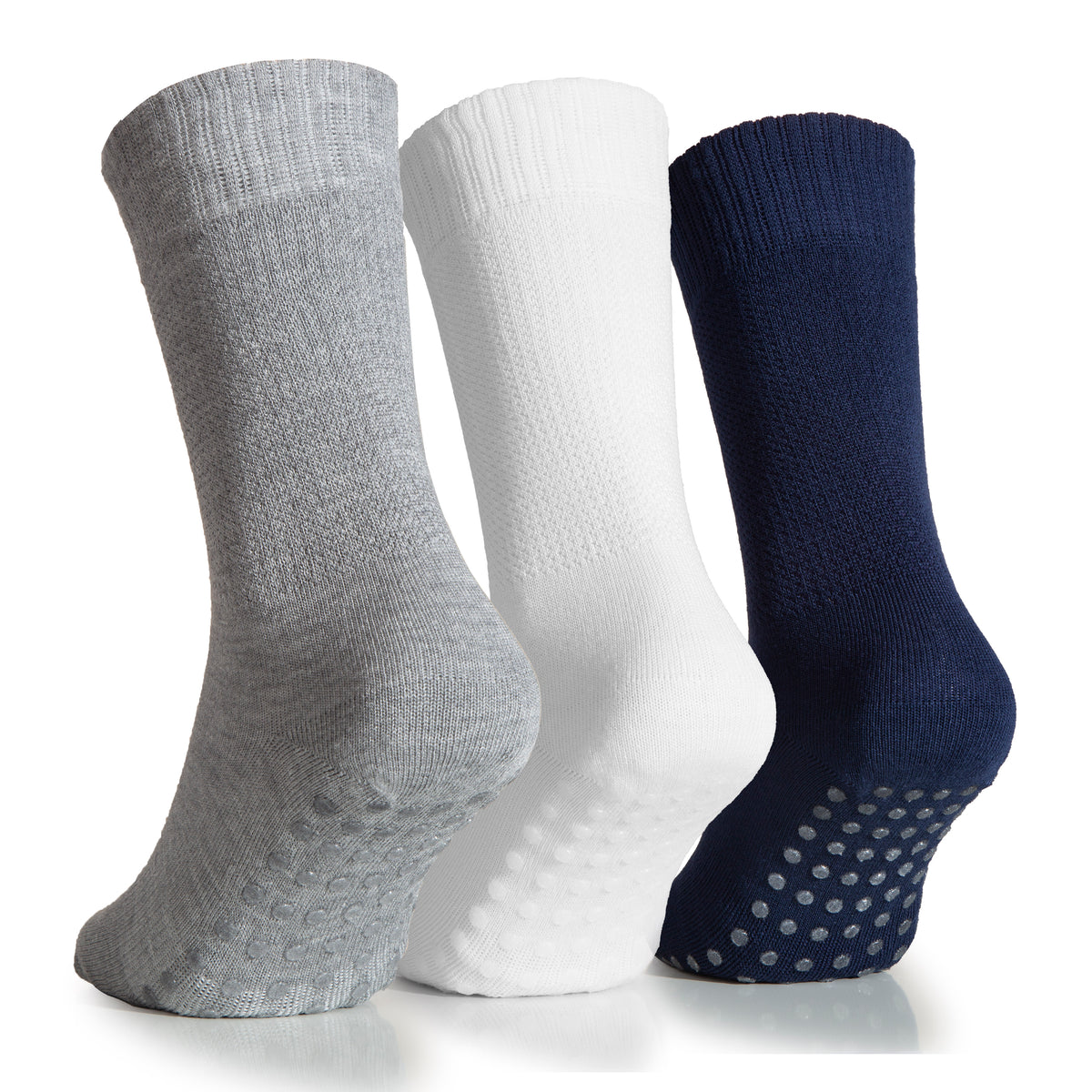 A trio of Women's Bamboo Diabetic Ankle Socks in white, blue, and grey hues, featuring non-slip grip for added safety and comfort.