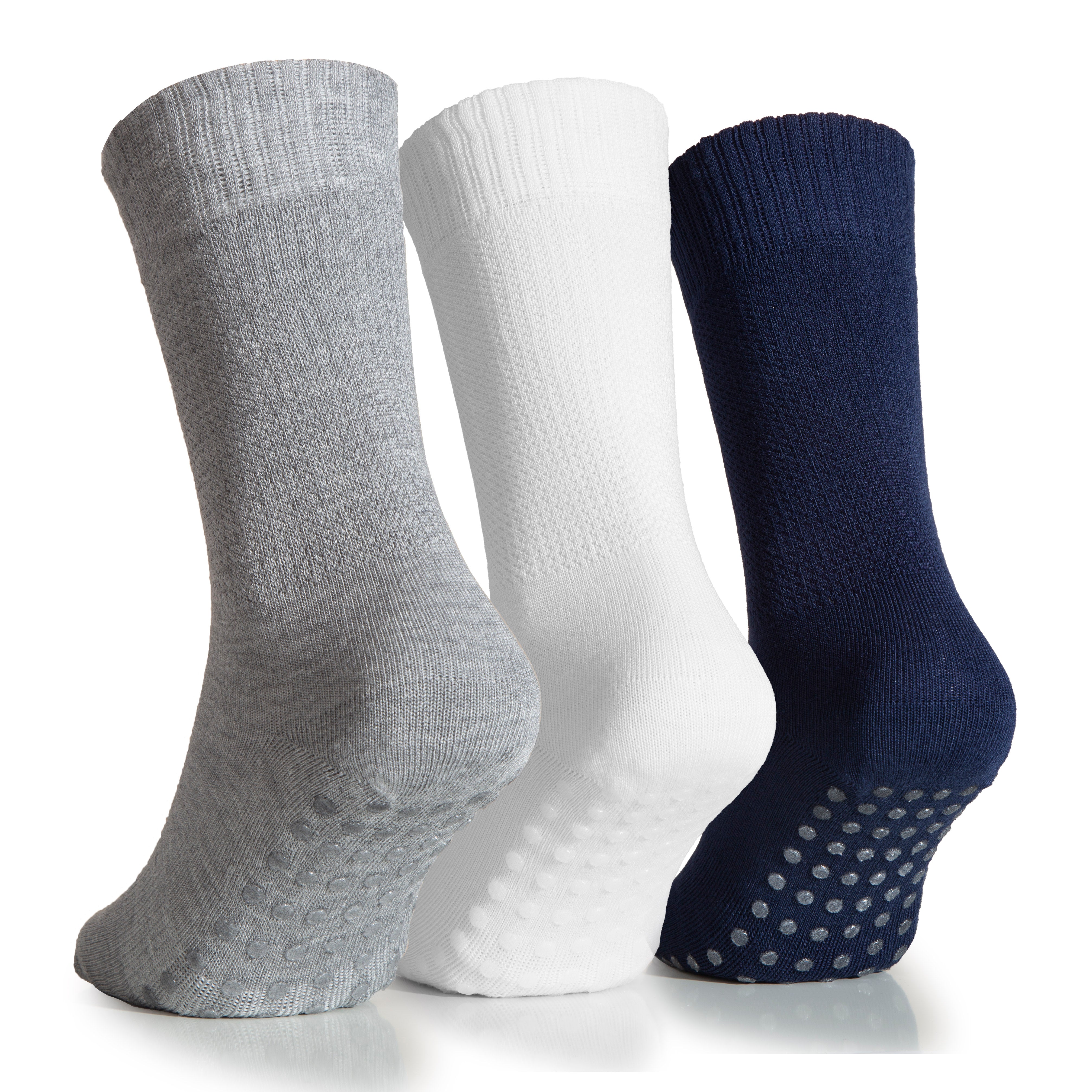 These Women's Bamboo Diabetic Ankle Socks come in sets of three, with white, blue, and grey color options and non-slip grip for secure wear.