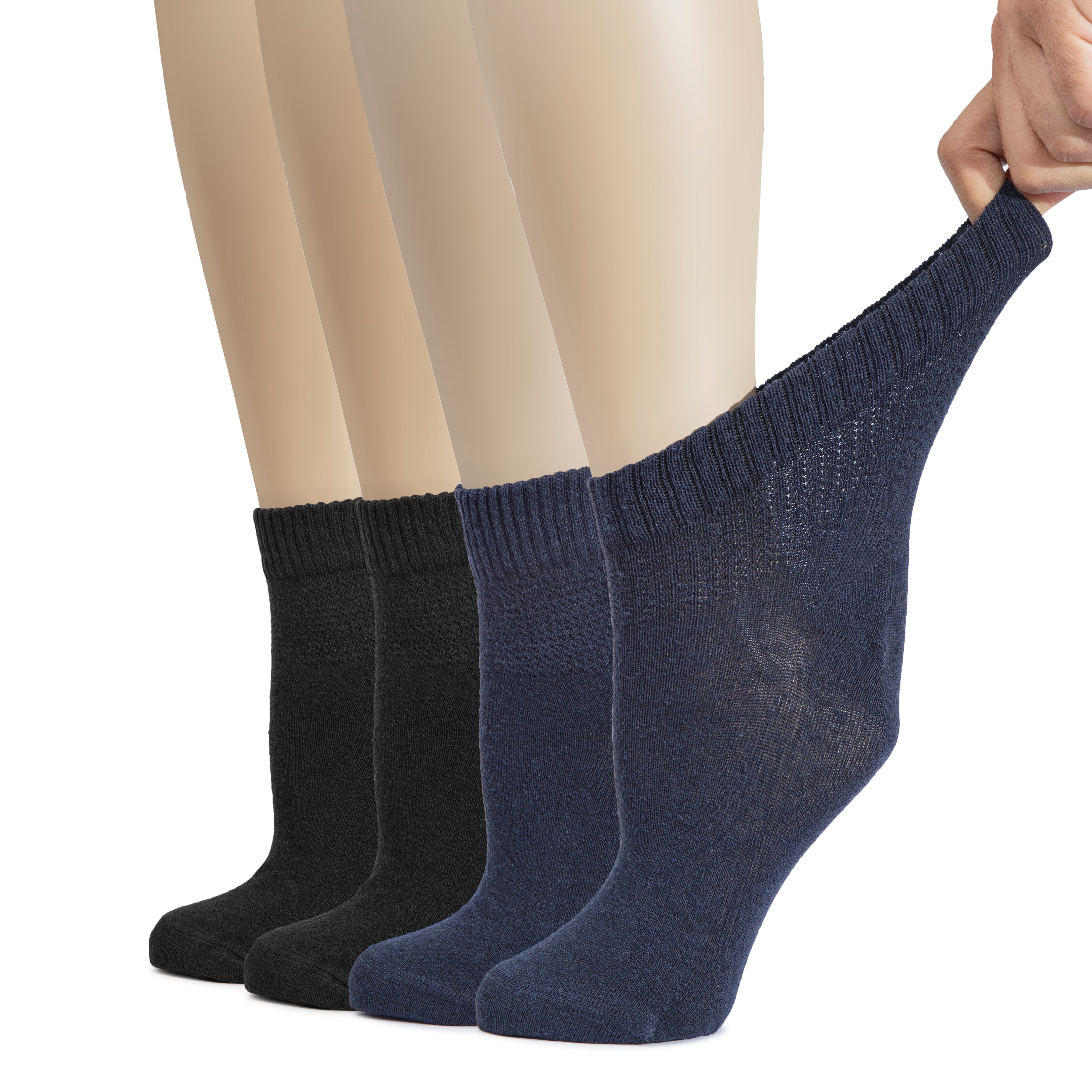 Hugh Ugoli Cotton Diabetic Women's Socks, Ankle Height, Loose, Wide Stretchy, Thin, Seamless Toe and Non-Binding Top, 4 Pairs | Shoe Size: 10-12 | LightGrey / NavyBlue