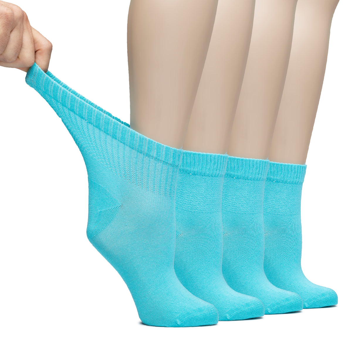 The image depicts a pair of Diabetic Bamboo Ankle Socks in blue, worn by a woman whose feet are visible.