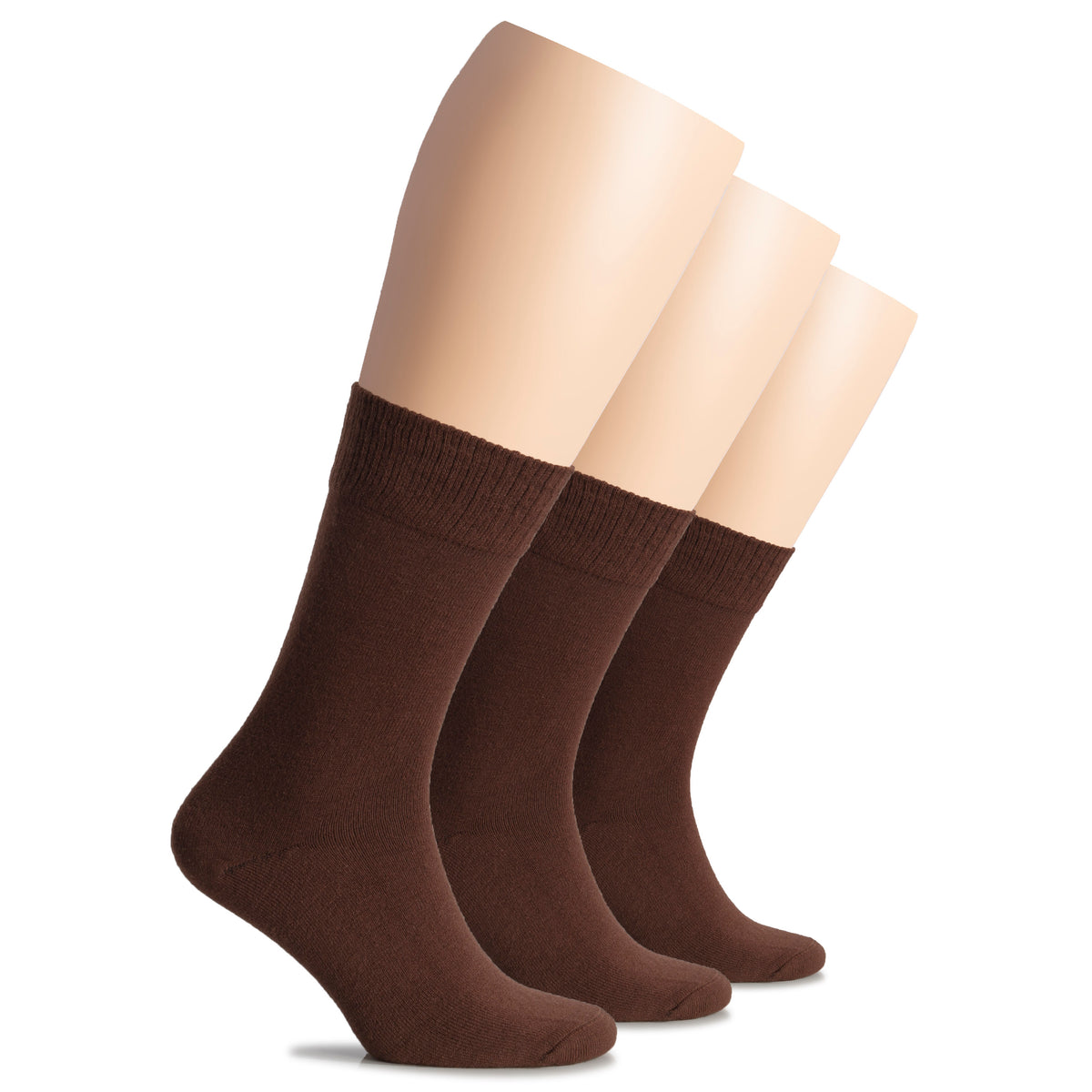 A trio of wool women's crew socks in brown, neatly arranged on a white background.