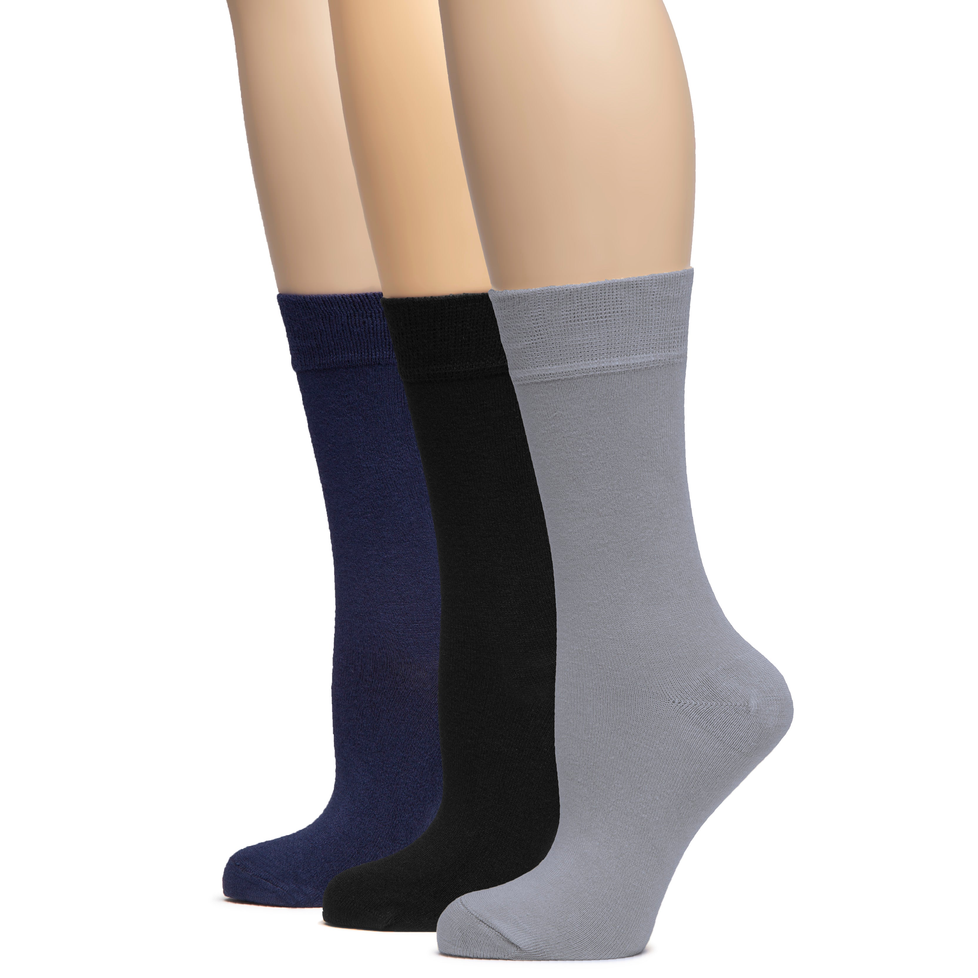 Hugh Ugoli Women's Bamboo Dress Socks Crew Soft Comfy Seamless Toe, 3 Pairs, Shoe Size: 5-8/9-11 | Shoe Size: 9-11 | Grey/Black/Navy Blue