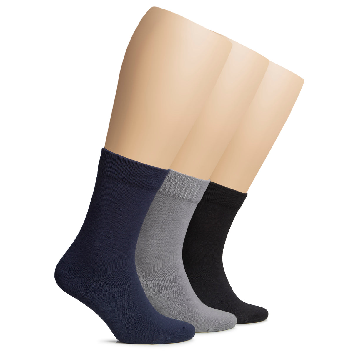 The picture shows women's socks in black, grey, and blue. These are Winter Cotton Crew Socks designed for women.