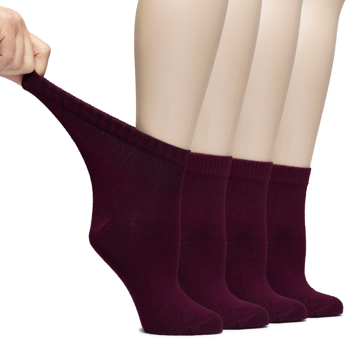 Hugh Ugoli Lightweight Women's Diabetic Ankle Socks Bamboo Thin Socks Seamless Toe and Non-Binding Top, 4 Pairs, , Shoe Size: 6-9/10-12 | Shoe Size: 10-12 | Burgundy