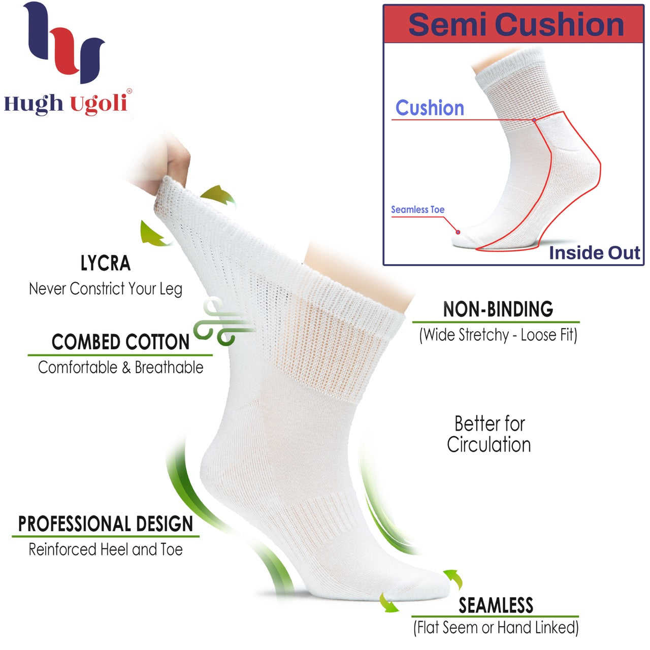 Men's Diabetic Ankle Semi-Cushion Cotton Socks, 3 Pairs