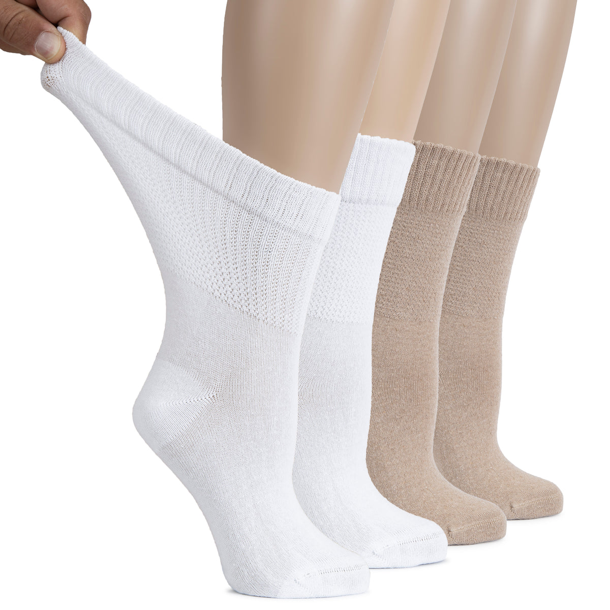 Hugh Ugoli Cotton Diabetic Women's Socks, Crew, Loose, Wide Stretchy, Thin, Seamless Toe and Non-Binding Top, 4 Pairs | Shoe Size: 6-9 | LightGrey / White