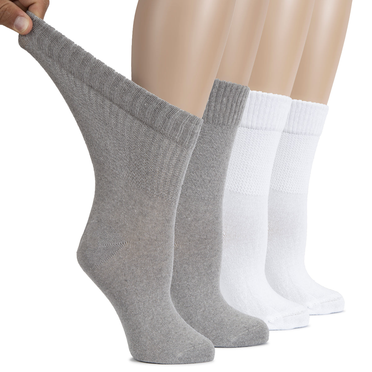 Hugh Ugoli Cotton Diabetic Women's Socks, Crew, Loose, Wide Stretchy, Thin, Seamless Toe and Non-Binding Top, 4 Pairs | Shoe Size: 6-9 | IndigoBlue / LightGrey