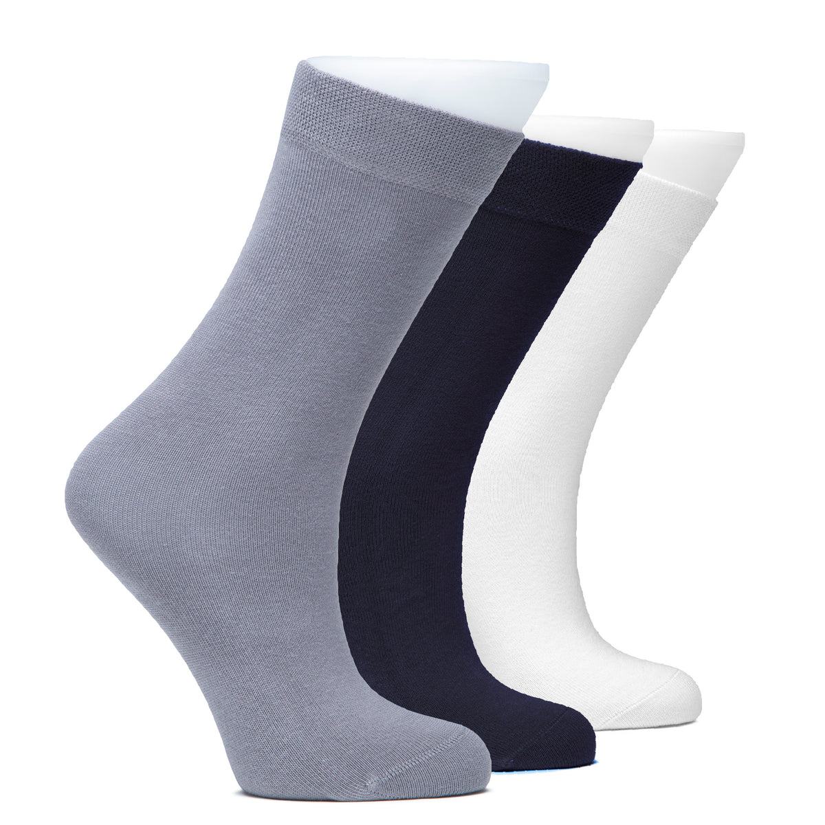 A trio of men's cotton dress crew socks in white, grey, and blue. Perfect for kids who want to look sharp and feel comfortable all day long.