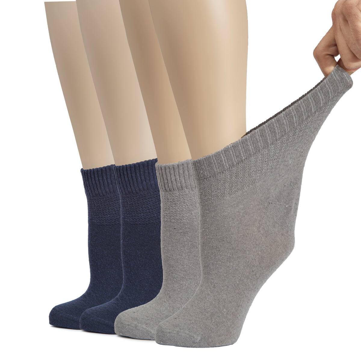Hugh Ugoli Cotton Diabetic Women's Socks, Ankle Height, Loose, Wide Stretchy, Thin, Seamless Toe and Non-Binding Top, 4 Pairs | Shoe Size: 10-12 | LightBeige / Black