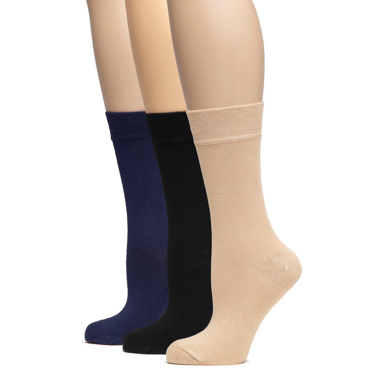 A trio of women's Bamboo Crew Socks in black, blue, and tan. Perfect for everyday wear and ultimate comfort.