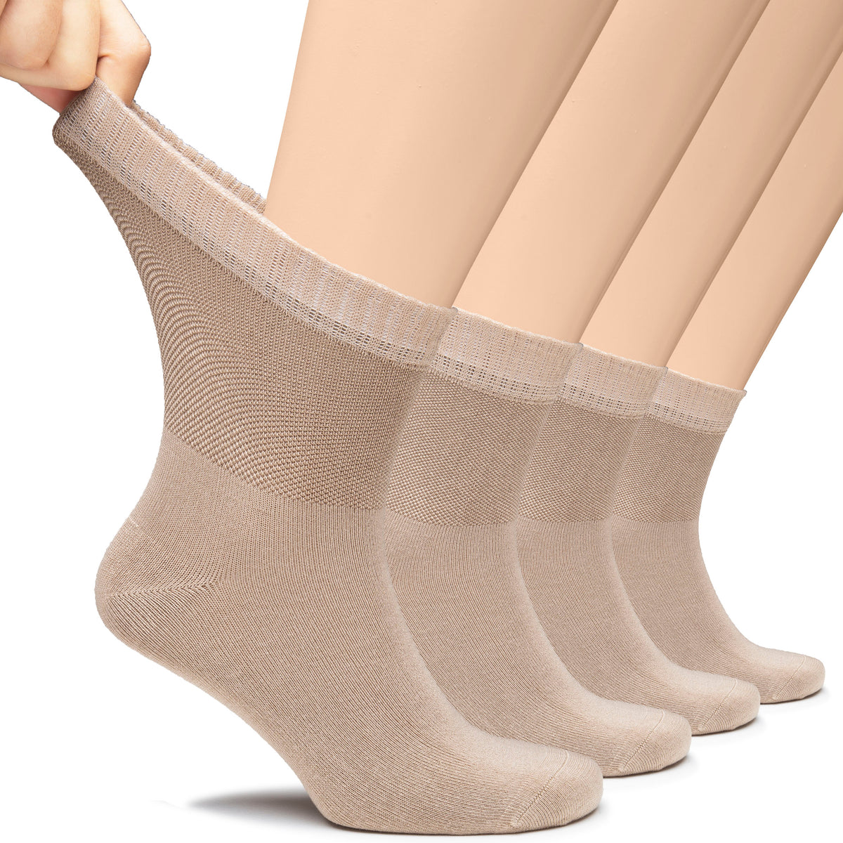 A man's feet are shown wearing one of two pairs of Men's Bamboo Diabetic Socks, arranged in a row.
