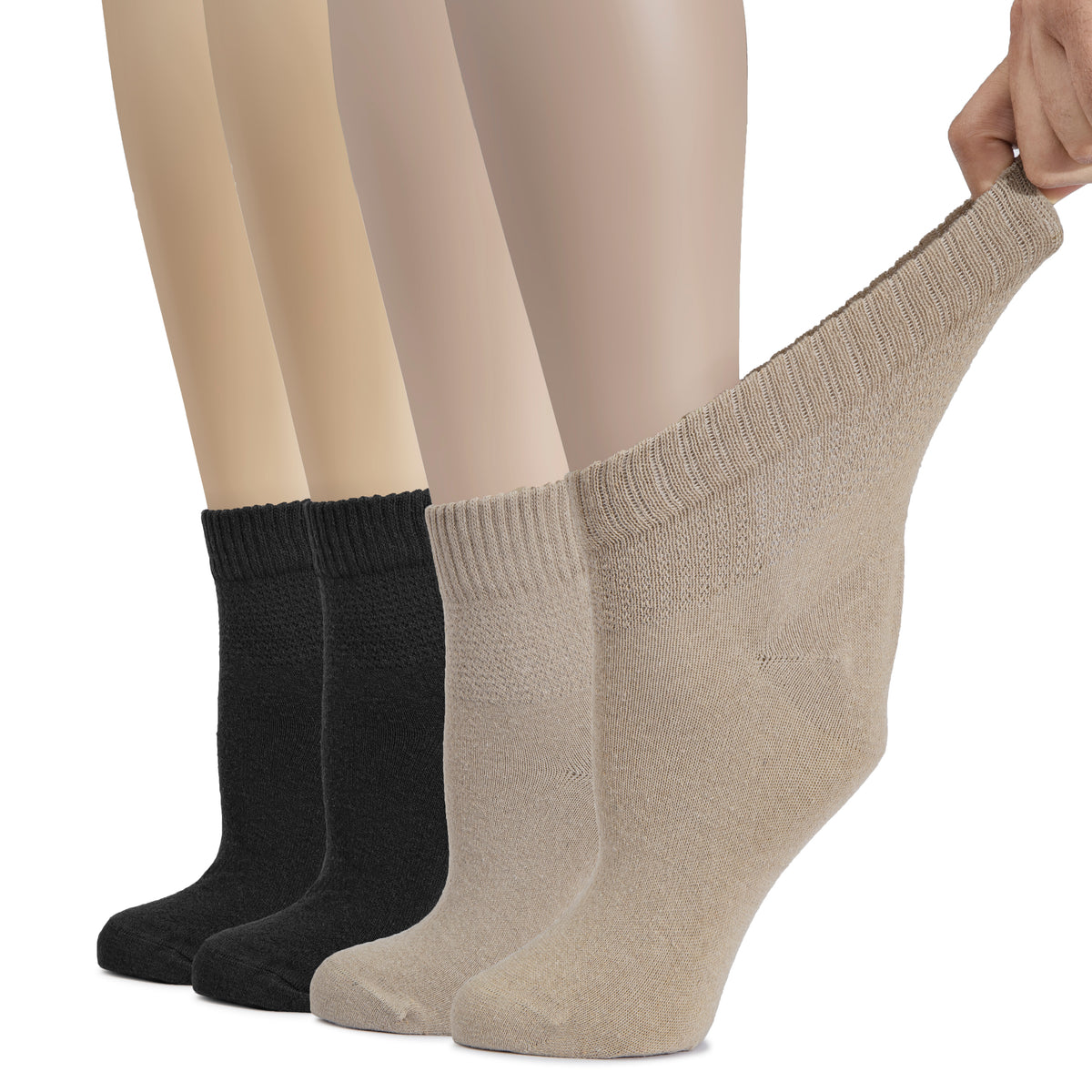 Hugh Ugoli Cotton Diabetic Women's Socks, Ankle Height, Loose, Wide Stretchy, Thin, Seamless Toe and Non-Binding Top, 4 Pairs | Shoe Size: 6-9 | Black / MelangeGrey