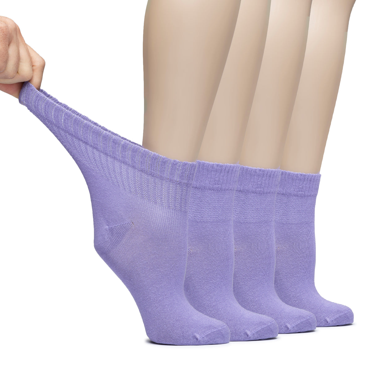 These are Diabetic Bamboo Ankle Socks in purple, worn by a woman's feet. The socks are designed to provide comfort and support for those with diabetes.