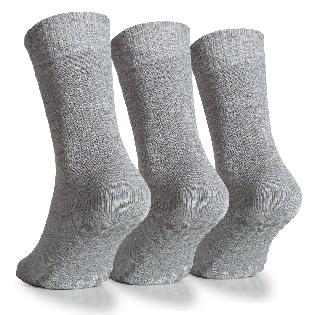 Three grey Women's Bamboo Diabetic Ankle Socks with Non Slip Grip on a white background.