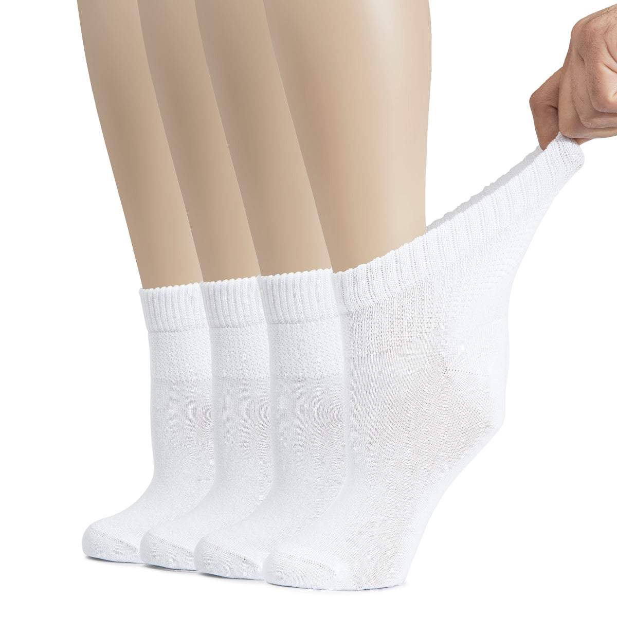  row of white socks made of cotton material designed for women with diabetes. The image shows a woman's feet wearing the socks.