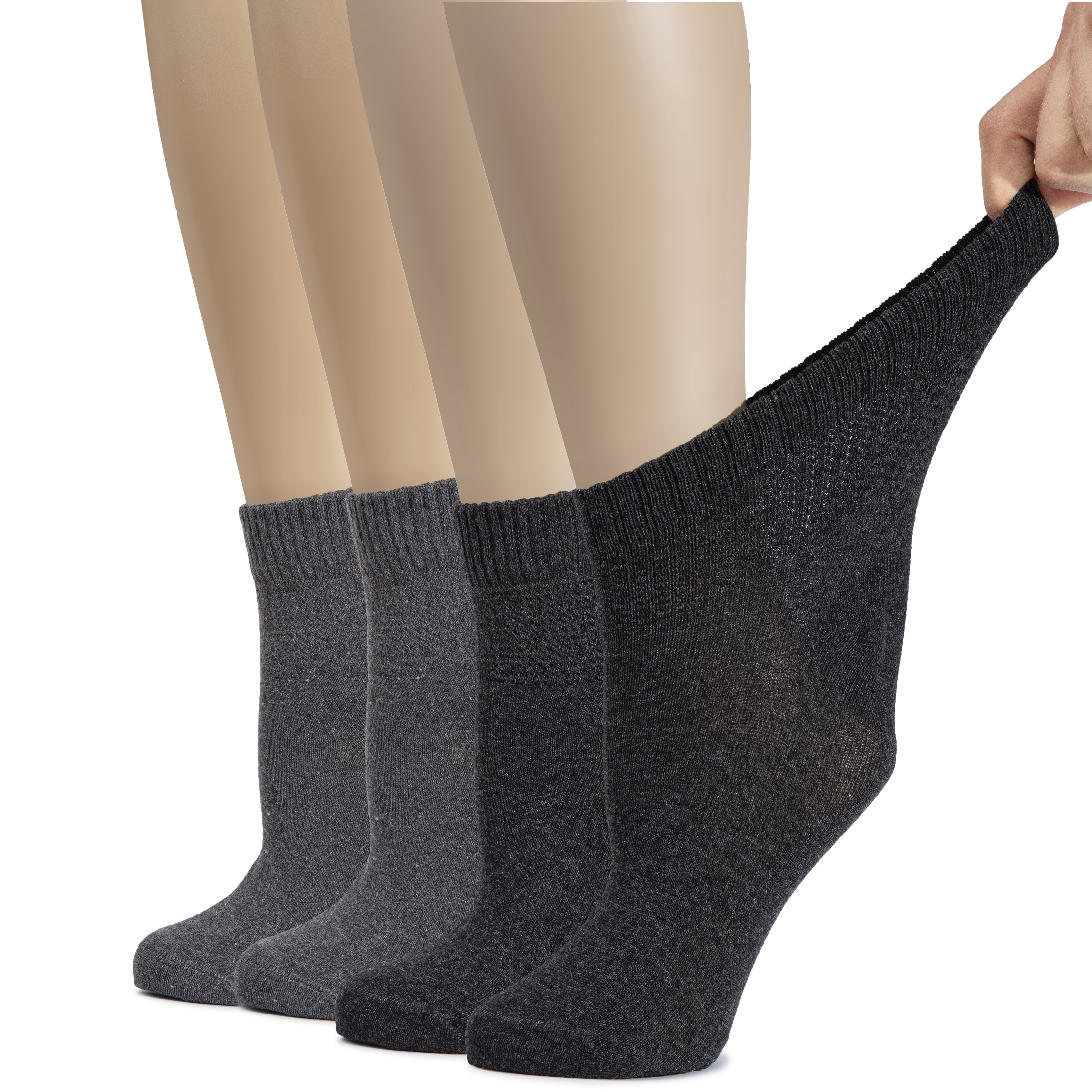 Hugh Ugoli Cotton Diabetic Women's Socks, Ankle Height, Loose, Wide Stretchy, Thin, Seamless Toe and Non-Binding Top, 4 Pairs | Shoe Size: 10-12 | Black