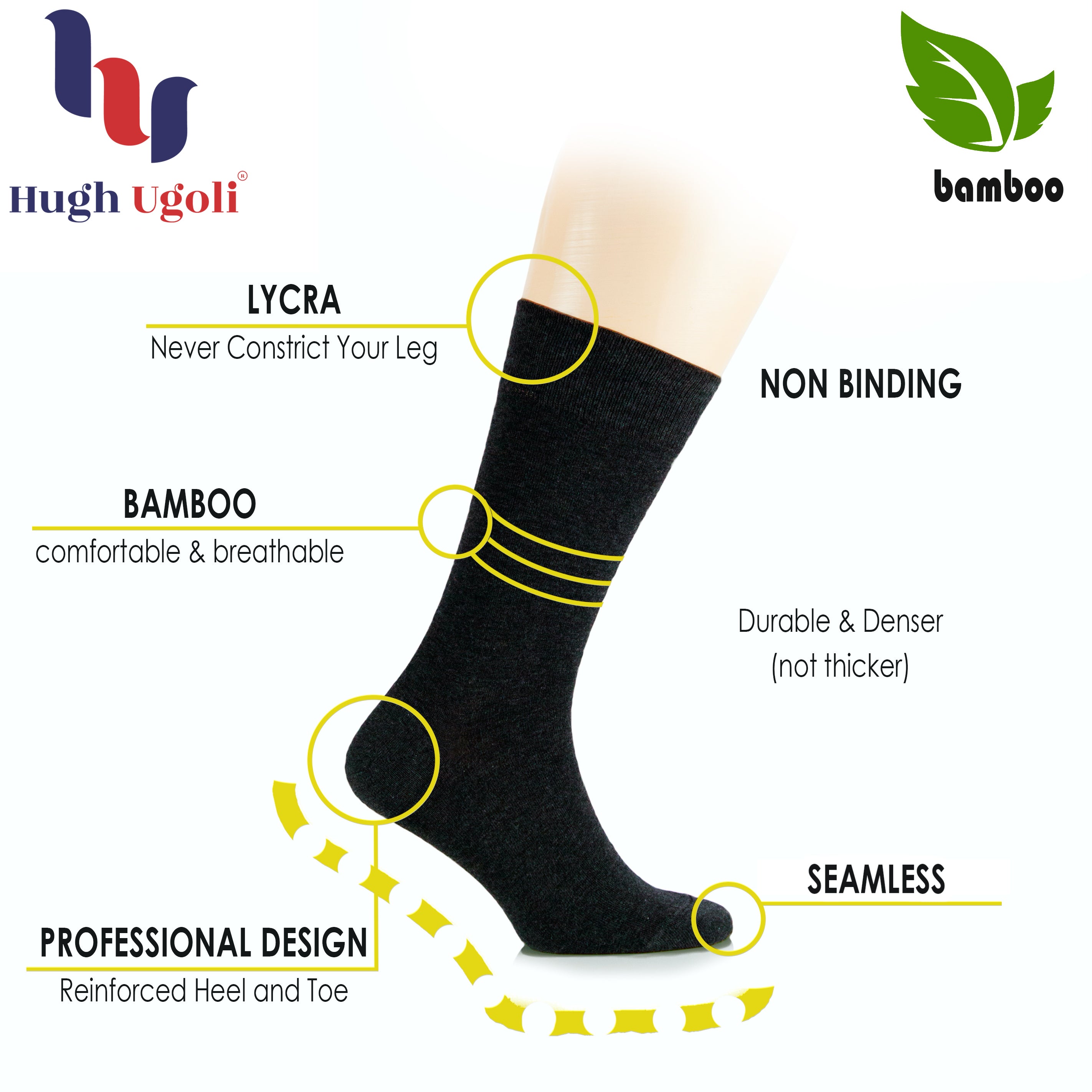 Hugh Ugoli bamboo crew socks seamless toe infographic, breathable bamboo socks for comfort, smooth feel, and everyday crew sock wear