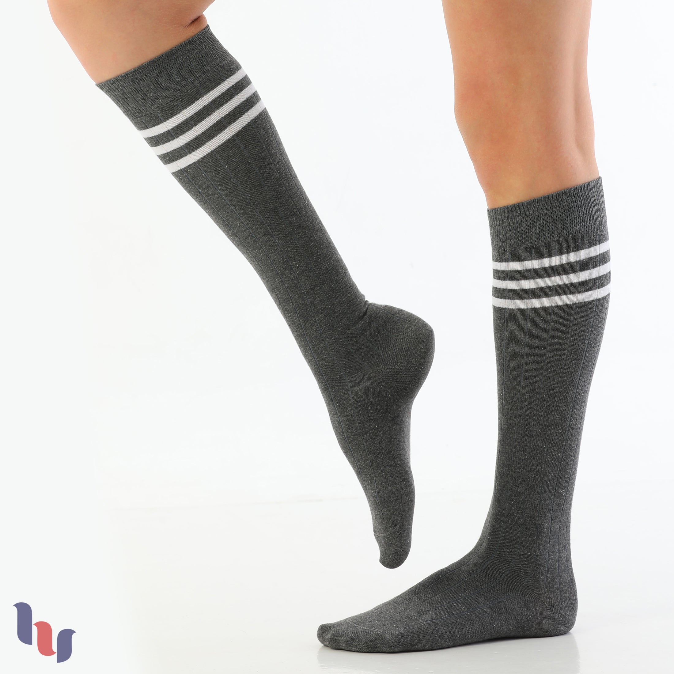 Hugh Ugoli black knee high dress socks front view, plain unpatterned socks with comfortable fit for daily wear