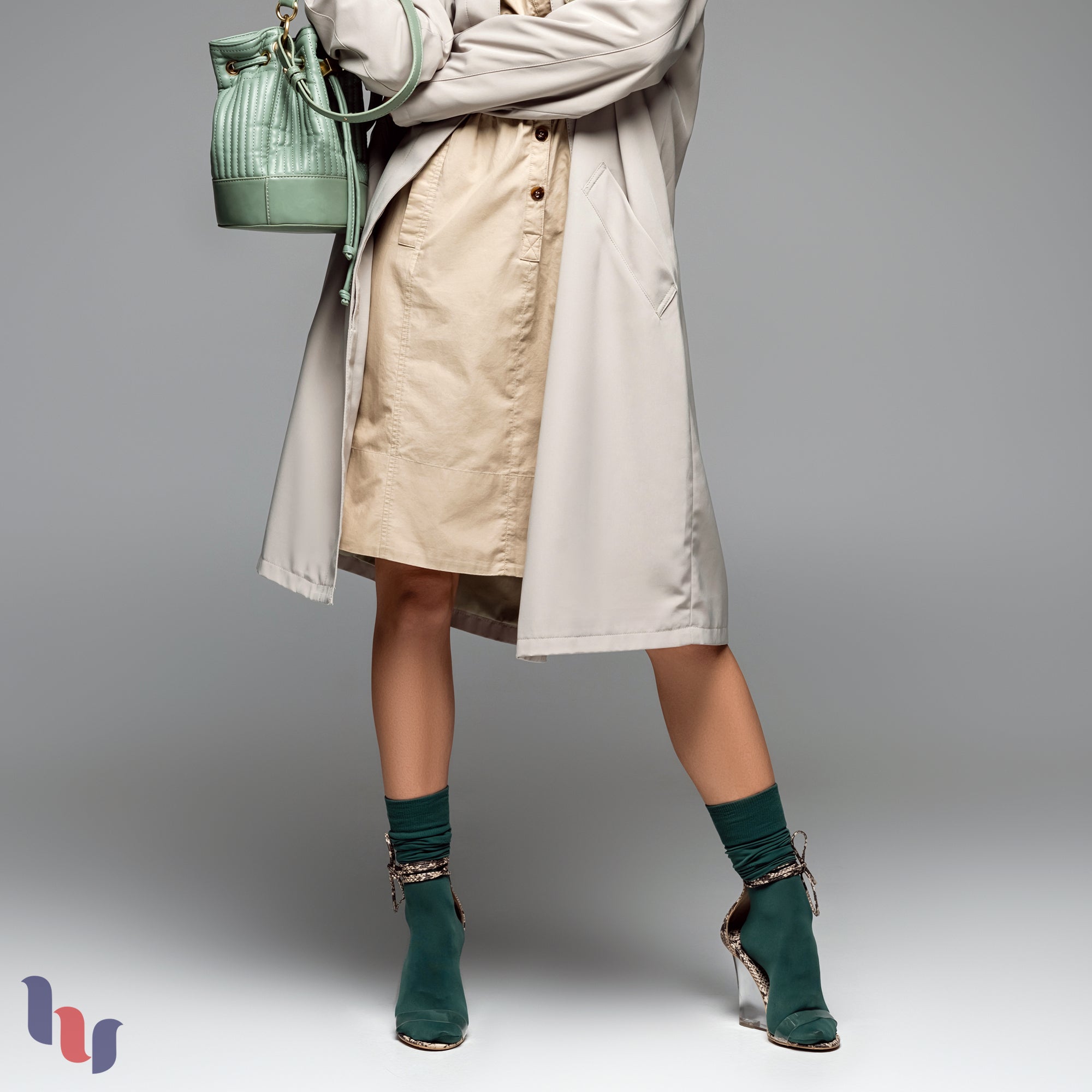 Hugh Ugoli green crew socks on women’s studio outfit, soft crew socks for everyday wear, casual styling, and comfortable fit