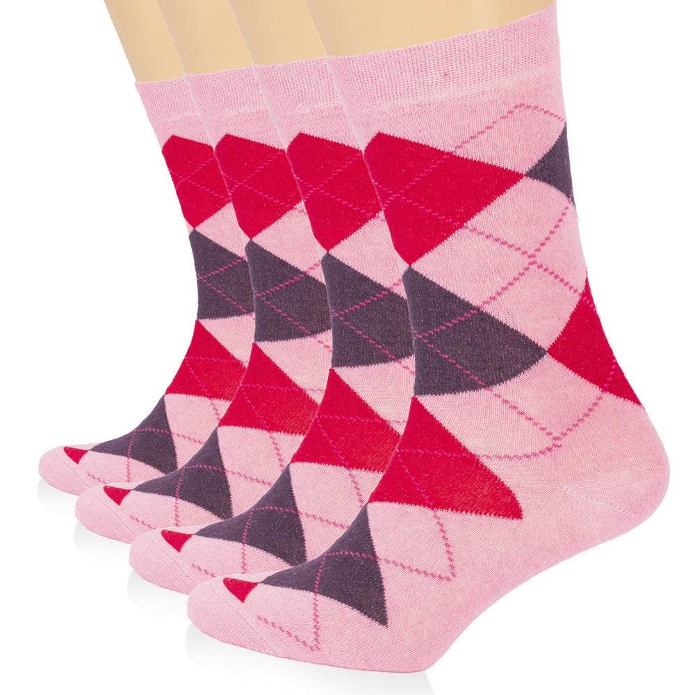 Pink cotton argyle socks for women by Hugh Ugoli, offering softness, breathability, and cheerful feminine style.