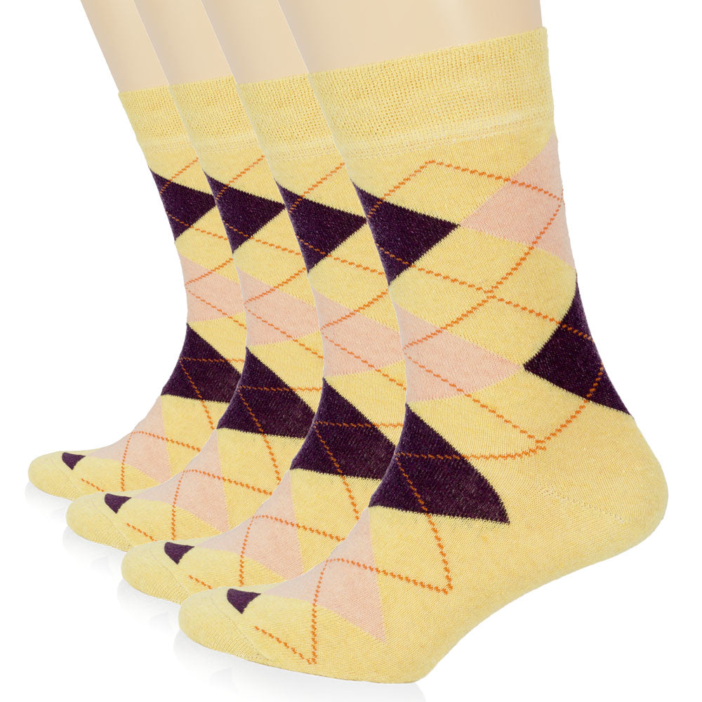 Yellow Hugh Ugoli argyle cotton socks for women, bright and cozy design ideal for daily comfort.