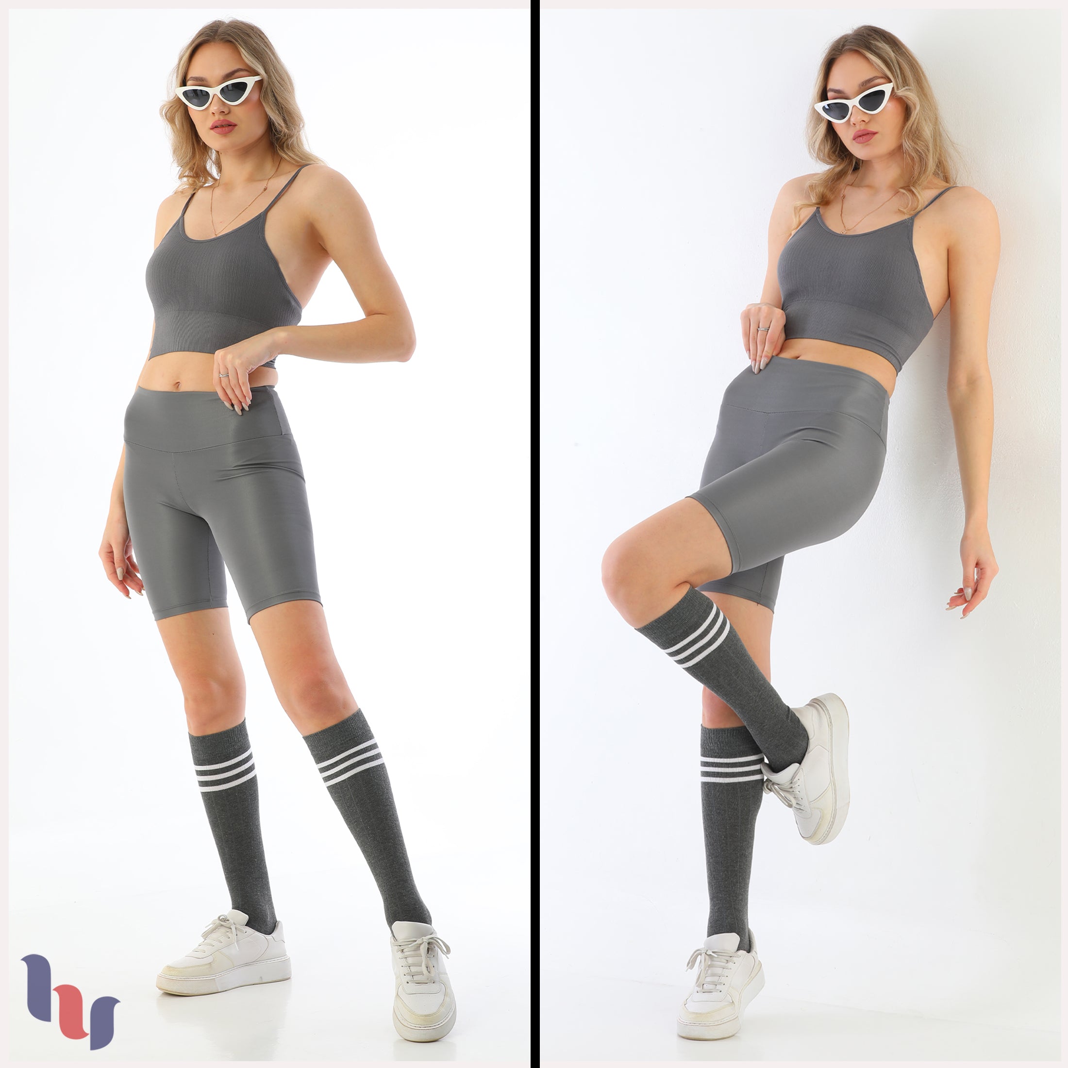 Hugh Ugoli women’s black knee high dress socks worn on model, classic plain socks designed for everyday comfort and elegant styling