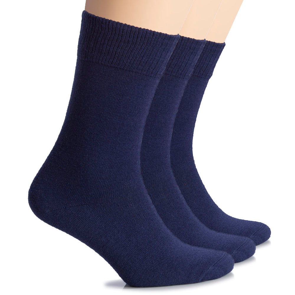 Navy blue women’s wool crew socks by Hugh Ugoli, offering warmth, softness, and a timeless classic look.